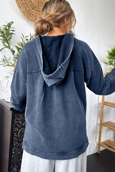 Women's Relaxed Fit Dark Grey Mineral Wash Hoodie with Seam Detail & Half Button - Stylish Casual Sweatshirt