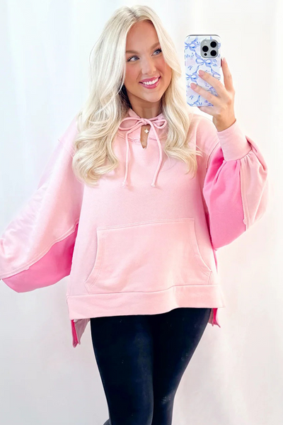 Trendy Women's Light Pink Color Block Hoodie with Balloon Sleeves & Kangaroo Pocket Chic High-Low Fashion Top