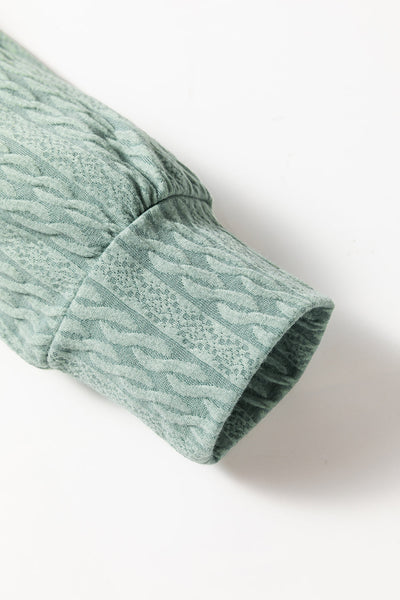 Mint Green Long Sleeve Hooded Top for Women with Textured Fabric, Button Front & Adjustable Drawstring for Comfort