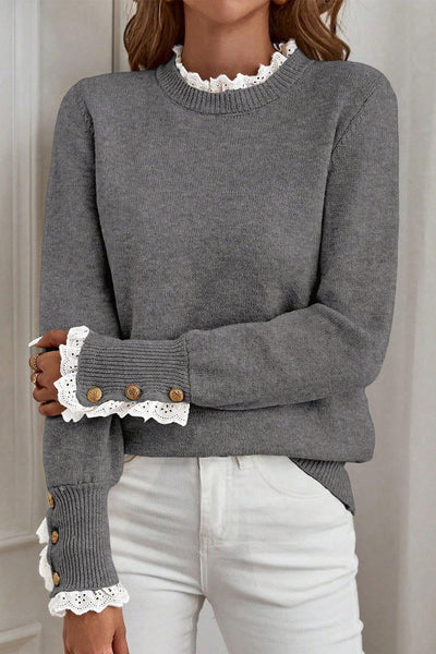 Women's Lace-Trim Knit Sweater with Buttoned Cuffs in Sleet Gray