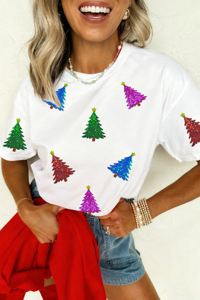 Women's Sequined Christmas Tree Graphic Tee with Rolled Cuffs