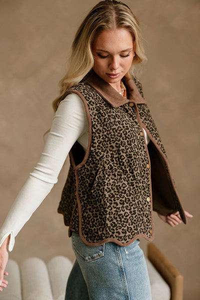 Women's Khaki Leopard Print Patchwork Vest with Corduroy Trim and Contrast Collar Stylish, Casual Layering Piece made for easy styling and wardrobe