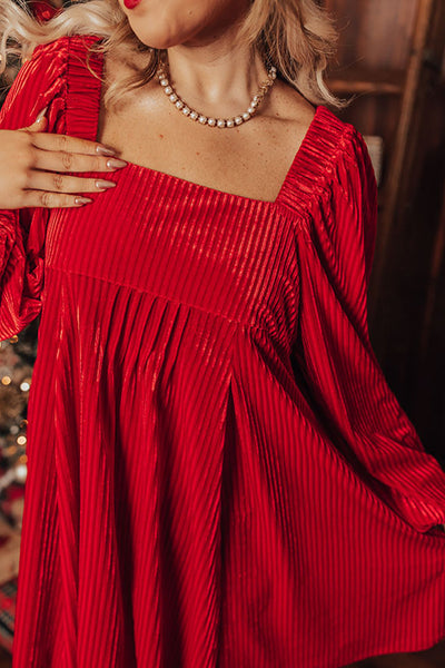 Chic Plus Size Mini Dress in Racing Red with Textured Velvet, Square Neck, and Trendy Bubble Sleeves for Women