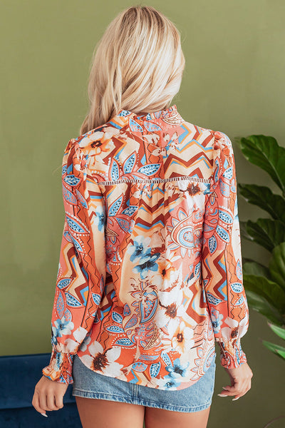 Women's Stylish Orange Floral Print Loose Blouse with Shirred Cuffs and Button Detail - Comfortable Casual Top