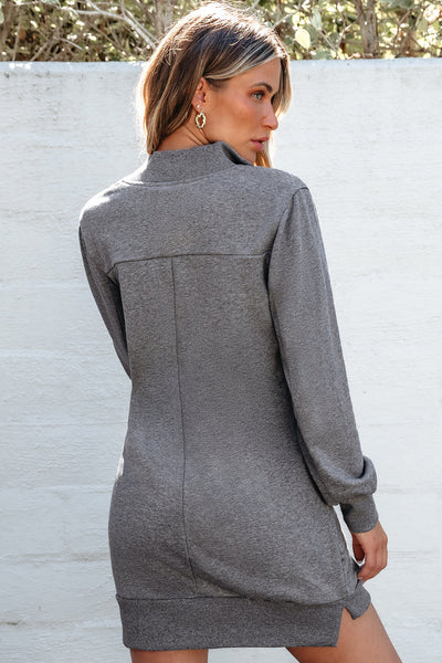 Women's Dark Grey Half-Zip Sweatshirt Dress in Premium Cotton Blend