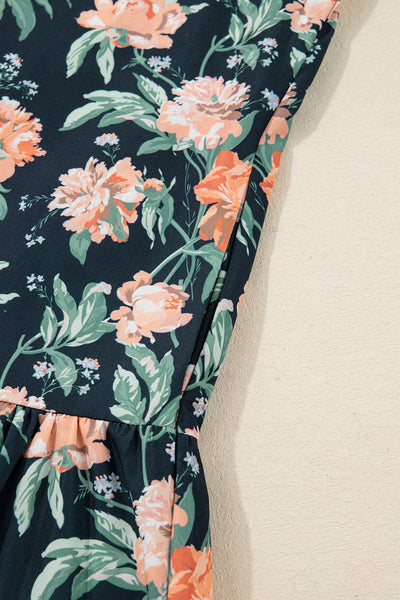 Stylish Women's Blue Floral Mini Dress with Striped Trim, V-Neck, Long Sleeves, and Ruffle Hem for Effortless Charm