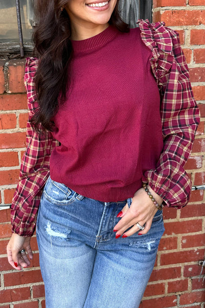 Stylish Women's Red Plaid Ruffled Puff Sleeve Sweater - Cozy Crew Neck Knit for Trendy Fall Outfits