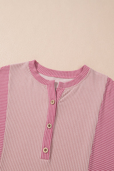 Women's Pink Ribbed Colorblock Henley Pullover with Half-Placket