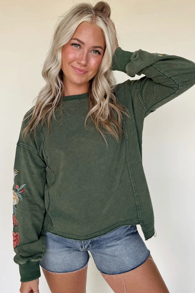 Women's Casual Mist Green Floral Embroidered Sweatshirt with Drop Shoulders and Raw Edge Detail