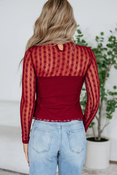 Stylish Women's Red Sheer Long Sleeve Top with Textured Knit and Lace Details - Perfect for Versatile Occasions