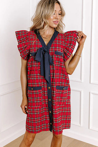 Women's Festive Red Plaid Mini Dress with Ruffled Sleeves and Bow Detail, Perfect for Parties and Special Occasions