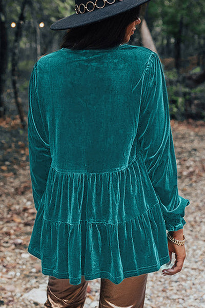 Chic Sea Green Velvet V-Neck Blouse with Puff Sleeves and Peplum Hem for Women‚Äôs Elegant Casual Style