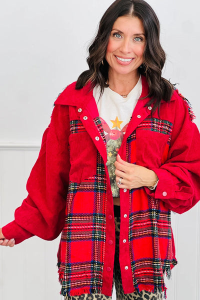 Trendy Women's Red Plaid Corduroy Shacket with Snap Buttons, Raw Hem, and Stylish Tweed Patchwork for Layering