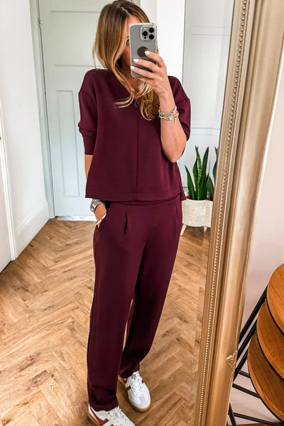 Women's Red Dahlia V-Neck Casual Tee and Pants Set - Chic, Comfortable Outfit for Effortless Everyday Style