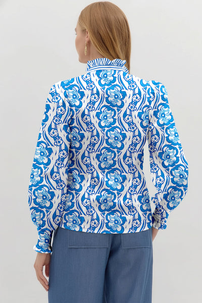 Women's Sky Blue Floral Ruffle Button-Down Shirt with Smocked Cuffs