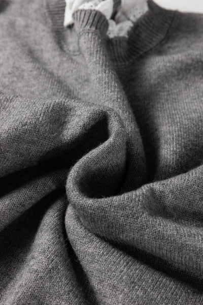 Women's Lace-Trim Knit Sweater with Buttoned Cuffs in Sleet Gray