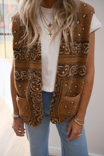 Cozy Women's Brown Sherpa Western Vest Jacket with Paisley Print and Pockets - Perfect Layer for Fall Style made for easy styling and wardrobe