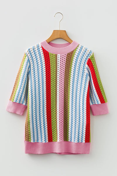 Women's Multi-Color Pointelle Knit Striped Short Sleeve Sweater