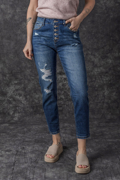 Retro Rolled Hem Single-Breasted Closure Straight Loose Casual Jeans