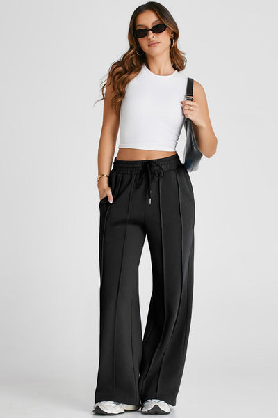 Women's Black High-Waist Wide-Leg Seamed Sweatpants