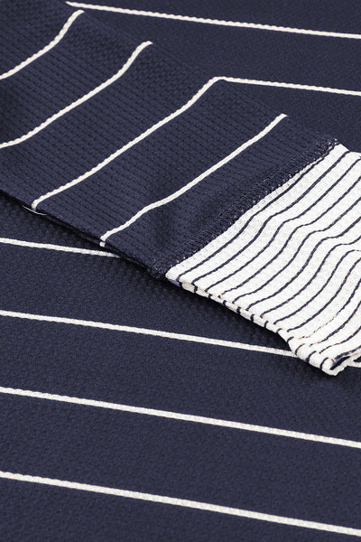 Women's Casual Chic Navy Blue Striped Color Block Waffle Knit Button-Up Top for Effortless Everyday Style