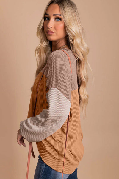Stylish Women's Khaki Color Block Ribbed Long Sleeve Top - Relaxed Fit for Effortless Comfort and Trendy Looks