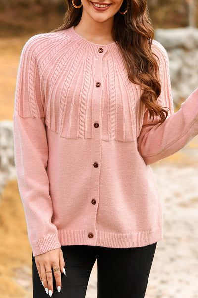 Women's Light Pink Cable-Yoke Cardigan with Wooden Buttons