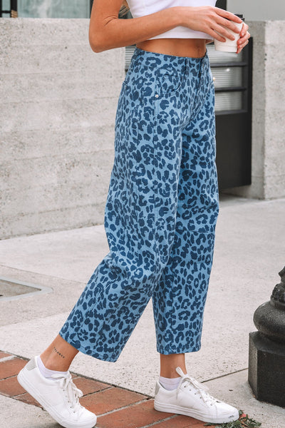 Women's High-Waist Leopard Print Straight Leg Jeans in Sky Blue