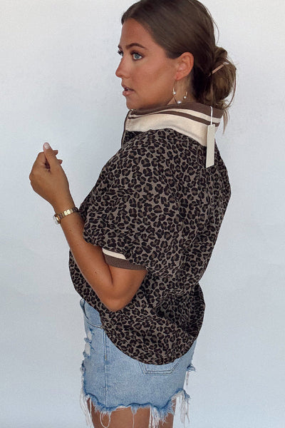 Trendy Women's Khaki Leopard Print Half Zip Short Sleeve Top with Striped Patchwork for Effortless Casual Style