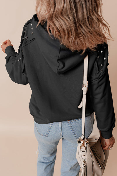 Chic Women's Black Raglan Hoodie with Pocket - Trendy Rivet-Studded Comfortable Casual Wear for Everyday Style