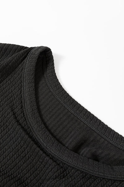 Stylish Women's Black Corded Drop Shoulder Long Sleeve Top - Cozy Everyday Essential for Effortless Chic Looks
