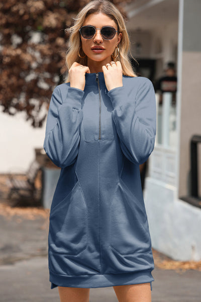 Women's Ivy Ribbed Zip-Up Sweatshirt Dress in Steel Blue