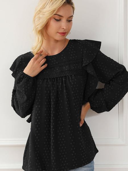 Elegant Black Lace Eyelet Ruffle Sleeve Blouse for Fall