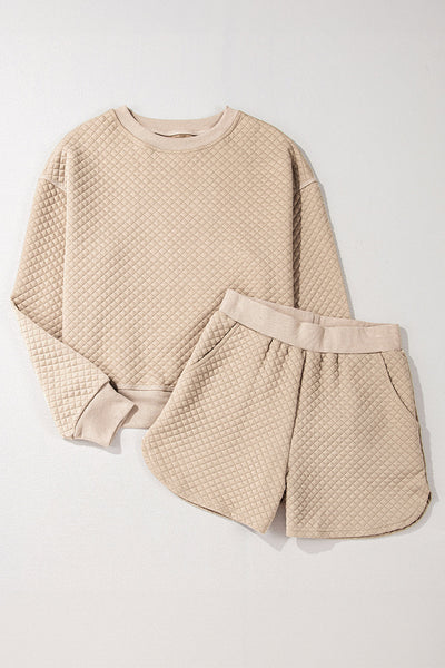 Cozy Women's Parchment Quilted Loungewear Set: Long Sleeve Top & Shorts for Effortless Casual Style