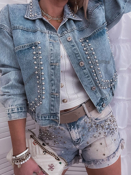 Women's Sky Blue Rhinestone Embellished Denim Shacket