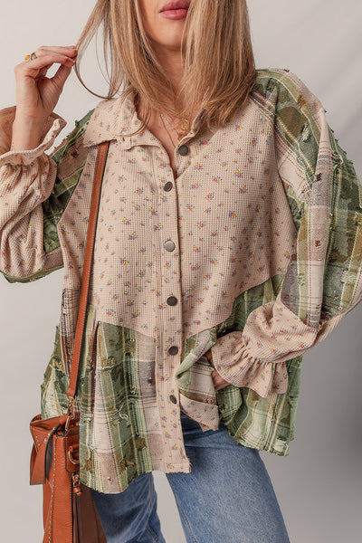 Women's Mist Green Boho Floral Plaid Shacket with Ruffled Sleeves & Distressed Details - Cozy Layering Top