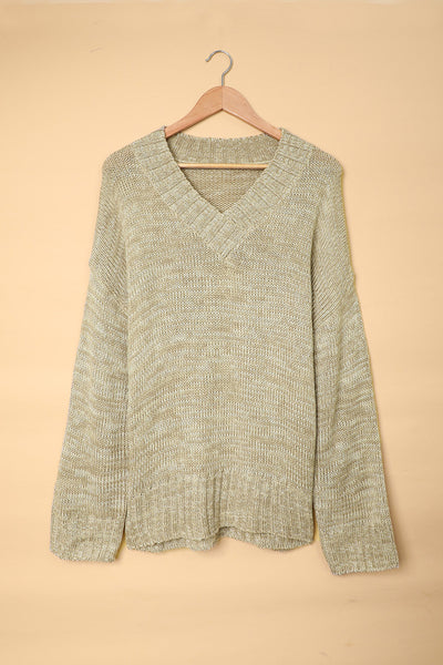 Chic Women's Cozy Gray V-Neck Drop Shoulder Sweater - Stylish Knit Top for Effortless Casual Fashion