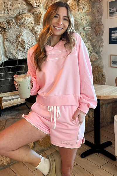 Light Pink V-Neck Pullover and Drawstring Shorts Set for Women - Chic Casual Summer Lounge Outfit