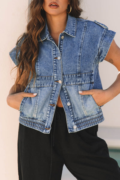 Trendy Women's Blue Acid Wash Denim Vest with Elastic Hem & Button Closure - Stylish Casual Layering Essential