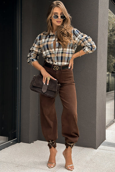 Women's Stylish Parchment Plaid Long Sleeve Cowgirl Shirt - Comfortable Western Top for Effortless Everyday Style