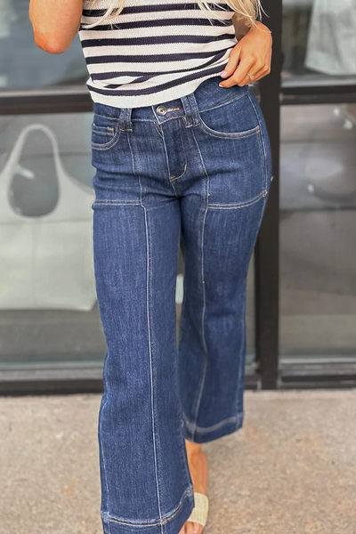 Women's Flattering High Waist Straight Leg Jeans in Dirty Blue with Stylish Contrast Seaming for Everyday Wear