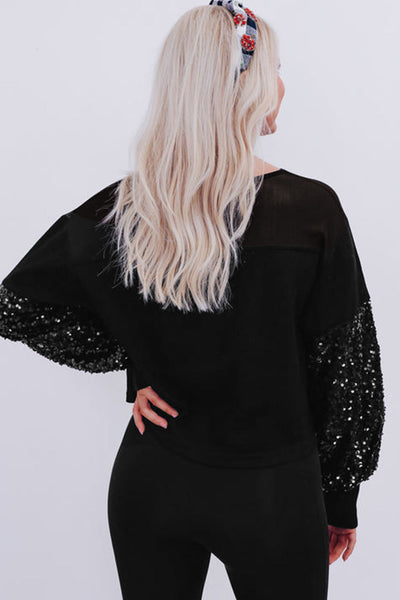 Elegant Black Sequin Lantern Sleeve Blouse for Women - Stylish Patchwork Design, Perfect for Evening Wear