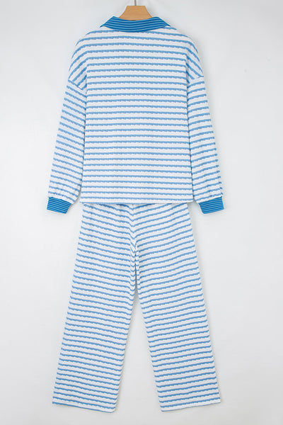 Women's Coastal Stripe V-Neck Polo Pullover and Wide-Leg Pant Set with practical styling and dependable silhouette control.