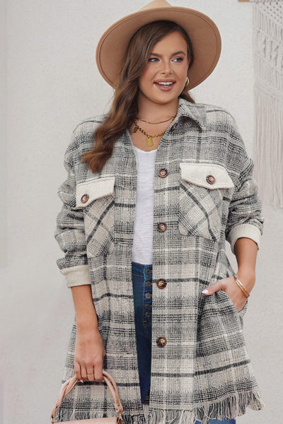 Women's Plus Size Plaid Tweed Shacket with Fringe Hem