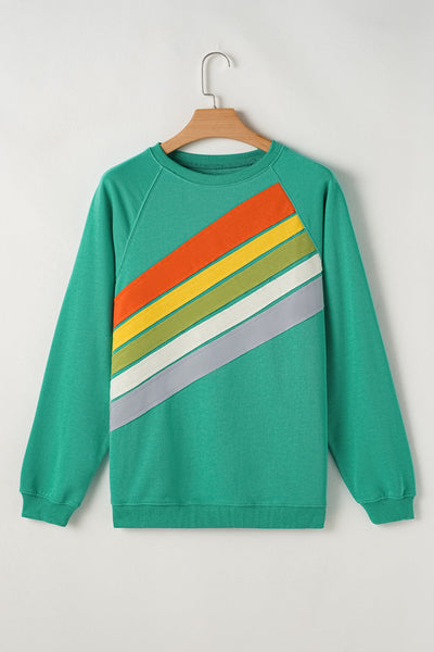 Women's Cozy Mint Green Rainbow Colorblock Striped Pullover Sweatshirt - Stylish Comfort for Casual Outings