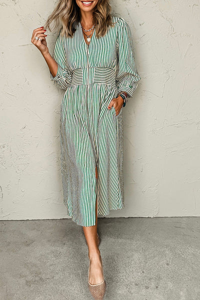 Stylish Women's Green Stripe Midi Dress - Flattering Summer Outfit with Trendy Design and Comfortable Fit