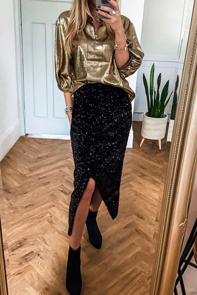 Women's Gold Metallic Split Neck Blouse with Half Sleeves