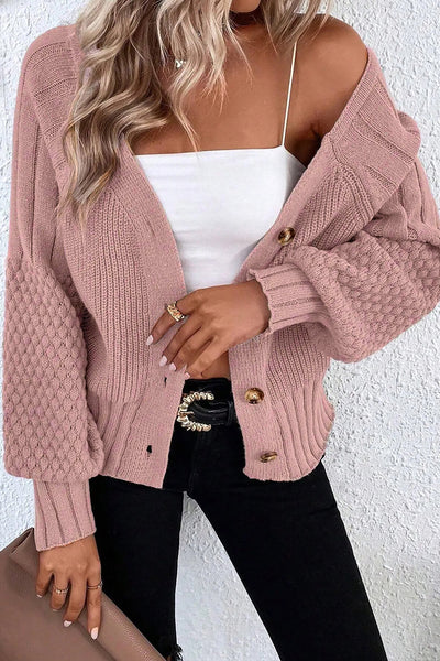 Women's Light Pink Textured Knit V-Neck Cardigan Sweater