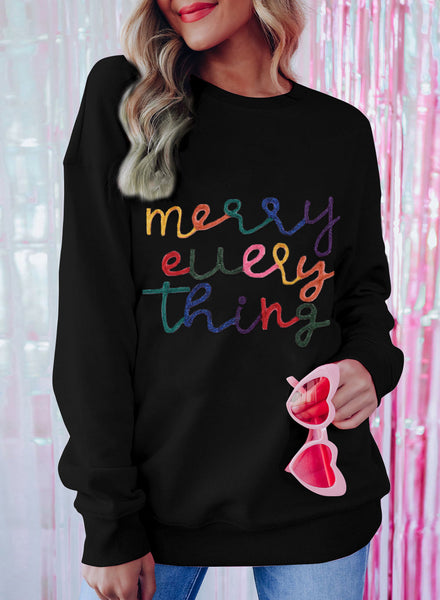 Women's Cozy Black Merry Everything Tinsel Sweatshirt - Casual Holiday Graphic Top for Festive Comfort