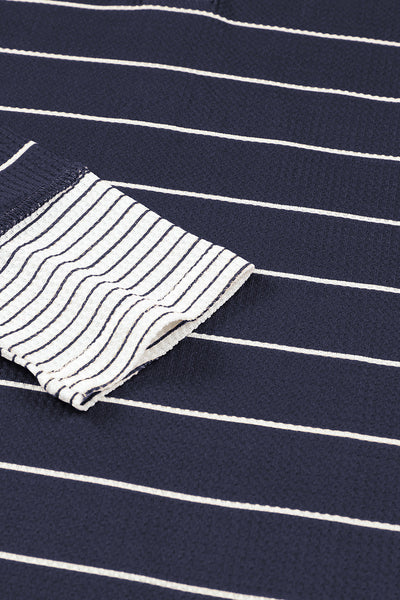 Women's Casual Chic Navy Blue Striped Color Block Waffle Knit Button-Up Top for Effortless Everyday Style